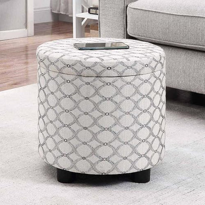 Convenience Concepts Designs4Comfort Accent Storage Ottoman 15.75" - Round Modern Upholstered Foot Stool with Tray Lid for Living Room, Family Room Storage Ottoman Seat, Ribbon Pattern Fabric