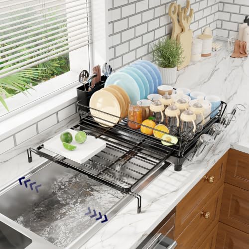 Simple Trending Dish Drying Rack - Expandable Dish Rack for Kitchen Counter, Large Capacity Dish Drainer, Stainless Steel Dish Strainer with Utensil & Cup Holders, Black - size: 21.71"D x 17"W x 6"H