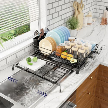 Simple Trending Dish Drying Rack - Expandable Dish Rack for Kitchen Counter, Large Capacity Dish Drainer, Stainless Steel Dish Strainer with Utensil & Cup Holders, Black - size: 21.71"D x 17"W x 6"H