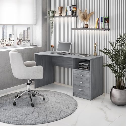 Techni Mobili 51 Inch Classic Computer Desk w/Drawers & Storage, Grey | 51 Inch classic desk with 3 drawers, spacious storage, sturdy frame, and functional home office workstation for modern setups - color: Light Grey