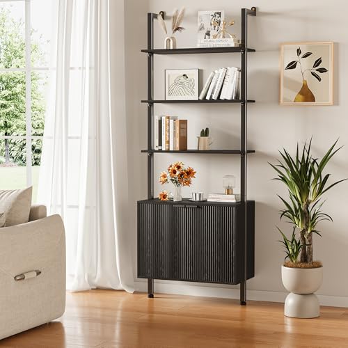 74" Tall Bookshelf with Storage Cabinet, Modern Ladder Shelf with Wood and Metal Frame, Wall Mount Bookcase Open Display Shelf Furniture for Living Room, Bedroom, Home Office，Black - color: Black