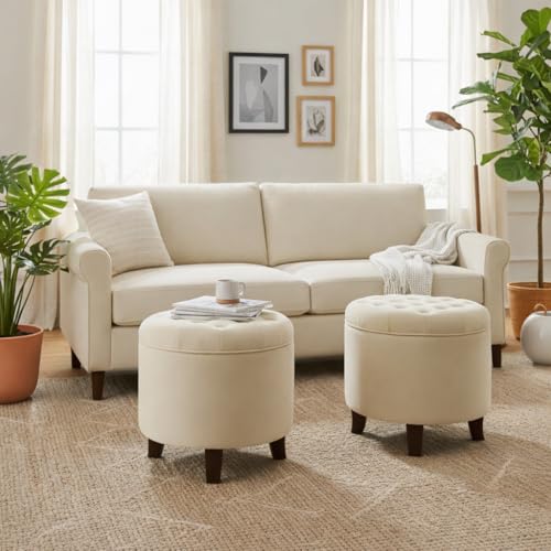 HomePop 19" Velvet Button Tufted Round Storage Ottoman - Cream - color: Cream