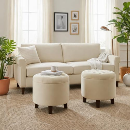 HomePop 19" Velvet Button Tufted Round Storage Ottoman - Cream - color: Cream