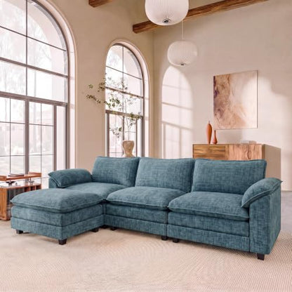 JUMMICO 118.9" L Shaped Sectional Couch, Modular Cloud Sofa, Dark Blue | Comfy Chenille, Movable Ottoman, Deep Seat, Double Layer Cushion, 3 Seat, High-Density Foam, for Living Room - color: Dark Blue, size: L Shaped Sofa