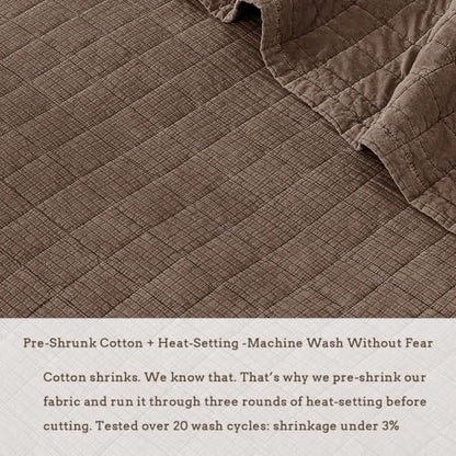 Pre-Washed Cotton Queen Size Quilt Set 90x98 Waffle Textured | Lightweight Breathable Bedspread Coverlet,All Season Bedding Set,Oversized Elegant Design，with 2 Pillow Shams Brown - color: Brown, size: Queen-90x98