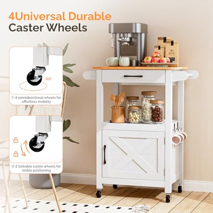 VINGLI Small Kitchen Island on Wheels, Microwave Cart with Drawer & Storage, Barn Door Coffee Station Stand with Hooks & Shelves, Unique White - size: 33"