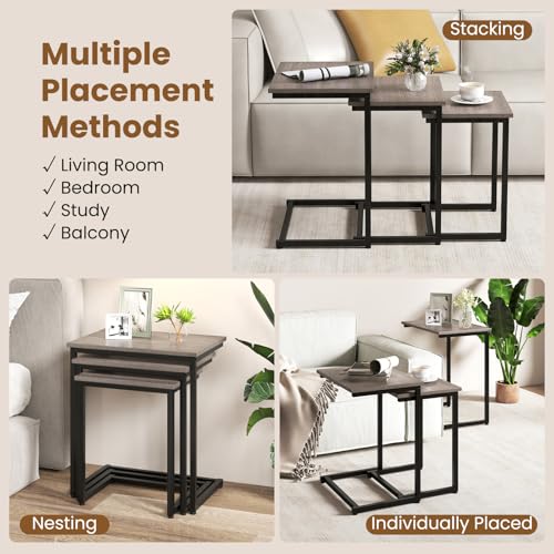 GOFLAME Nesting Coffee Tables Set of 3, Rectangular Nesting Center Table with Wood Grain Top & Metal Frame, Modern C-Shaped Nested Side Table Set for Living Room, Bedroom, Black & Oak - color: Black & Oak