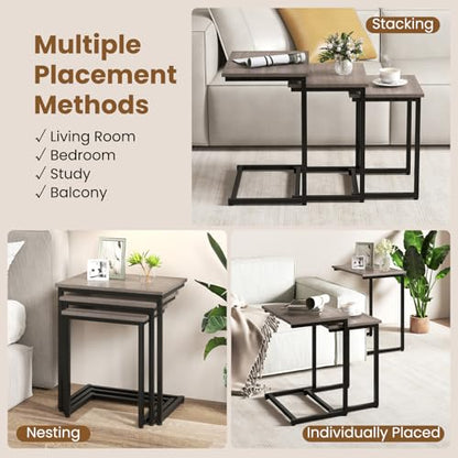 GOFLAME Nesting Coffee Tables Set of 3, Rectangular Nesting Center Table with Wood Grain Top & Metal Frame, Modern C-Shaped Nested Side Table Set for Living Room, Bedroom, Black & Oak - color: Black & Oak