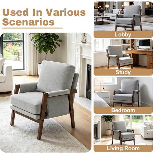 RNKSFX Grey Accent Chair for Bedroom & Living Room, Mid Century Modern Accent Arm Chair, Upholstered Anthropologie Accent Chair with Solid Wood Frame, Fabric - color: Grey