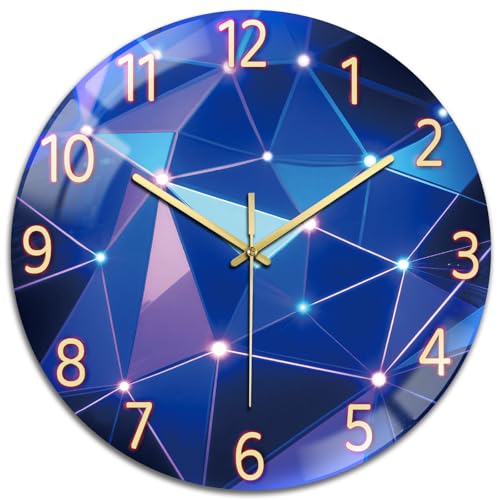 Light Geometric Wall Clocks Battery Operated, 12" Round Clock | Non Ticking Decorative Clock, Ocean Pattern Glass Design for Living Room, Kitchen, Bedroom & Bathroom Decor - style: Light Geometric Pattern