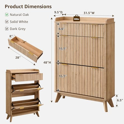 T4TREAM 48" Fluted Shoe Cabinet with Flip Drawers & Top Drawer, Natural Oak | Narrow Shoe Organizer, Curved Profile Design, Wooden Shoe Rack for Entryway, Hallway