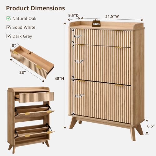 T4TREAM 48" Fluted Shoe Cabinet with Flip Drawers & Top Drawer, Natural Oak | Narrow Shoe Organizer, Curved Profile Design, Wooden Shoe Rack for Entryway, Hallway