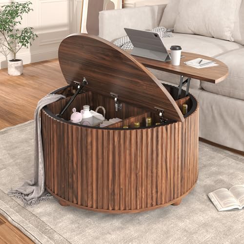 35" Round Lift Top Coffee Table, Mid Century Modern Walnut Center Table with Hidden Storage, Fluted Drum Wood Design for Living Room & Apartment - color: Rustic Brown