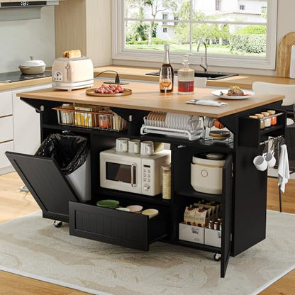 Einhomn 65" Kitchen Island with Drop Leaf, Mobile Island Table for Kitchen with Trash Can Storage, Black - style: Black
