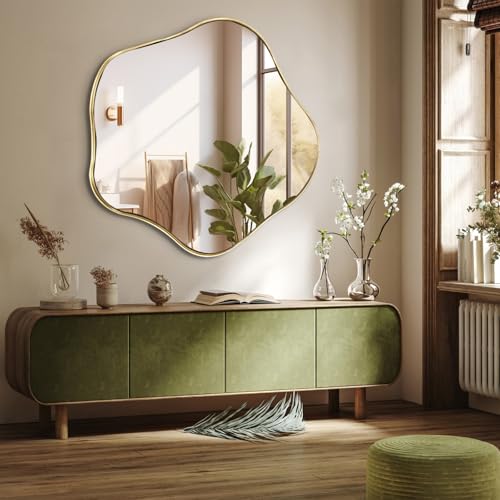35" Scalloped Irregular Wall Mirror with Gold Metal Frame | Asymmetrical Design, Horizontal/Vertical Hanging, Wavy Round Art Deco Wall Mirror for Entryway Bedroom Bathroom Living Room - color: Gold, size: 35"L x 35"W