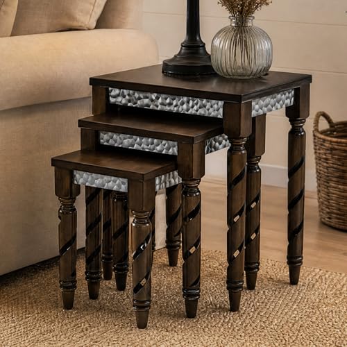 Hyfirm Nesting Tables Set of 3, Walnut Mid Century Modern Accent Tables with Spiral Rubber Wood Legs & Silver Honeycomb Apron, Retro Stackable Side Tables for Living Room, Bedroom & Small Apartments - color: Walnut Top+silver Apron