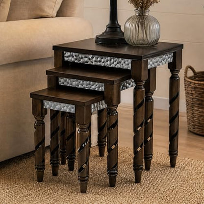 Hyfirm Nesting Tables Set of 3, Walnut Mid Century Modern Accent Tables with Spiral Rubber Wood Legs & Silver Honeycomb Apron, Retro Stackable Side Tables for Living Room, Bedroom & Small Apartments - color: Walnut Top+silver Apron