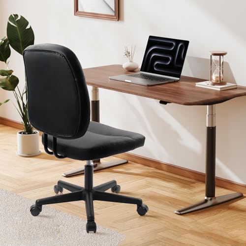 CLATINA Armless Home Office Chair,Small PU Leather Ergonomic Low Back Desk Chair with Lumbar Support and Wheels, Adjustable Height 360° Swivel Rolling Computer Task Chair, Black - color: Black-heihu, size: 1 Pack
