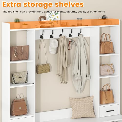 Farmhouse Hall Tree with 2 Independent Drawers,6-in-1 Entryway Bench with Coat Rack Adjustable Shoe Storage for Foyer/Hallway,White - color: White