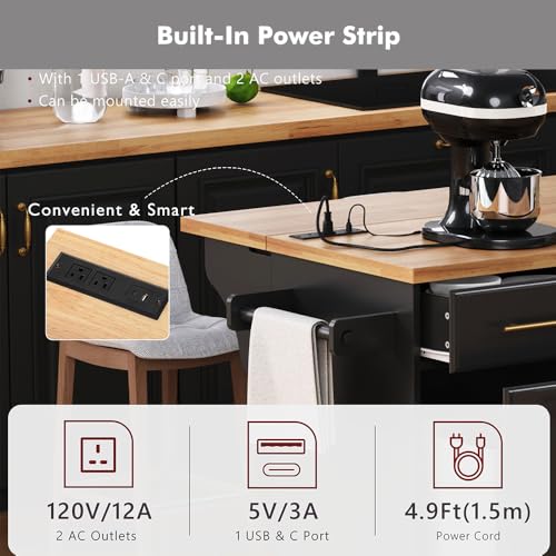 59.3" Rolling Kitchen Island with Trash Can Storage, Mobile Kitchen Storage Island with Drop Leaf, Power Outlet, Pull Out Cabinet Organizer (Black) - color: Black