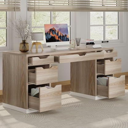 Computer Desk with Drawers, Small Office Desk with Storage, Light Walnut | 54 Inch Writing Desk with 7 Storage Drawers, Study Desk for Bedroom, Small Spaces - color: Light Walnut