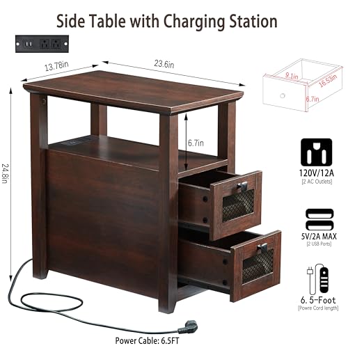 HDDDZSW Farmhouse XXL End Table with Charging Station, Narrow Side Table with USB Ports and Outlets, Nightstand with 2 Drawers Storage, Bedside Tables for Living Room, Bedroom, Rustic Cherry | Farmhouse Narrow Side Table with USB Ports and Outlets, Nights