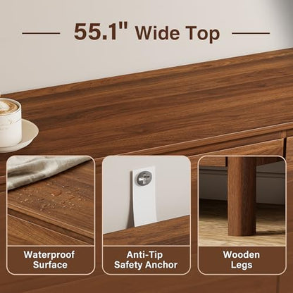 Furniway 55" Mid-Century Modern Dresser for Bedroom, 8 Drawer Wide Chest of Drawers with Wood Legs, Large Storage Bedroom Dresser, Walnut - size: 8 Drawers