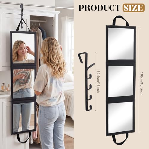 Novabright 3-Panel Over The Door Full Length Mirror, Foldable Hanging Acrylic Body/Makeup Mirror with Height Adjustable Hook for Bedroom Closet Bathroom, Dance Travel Camping (Black)