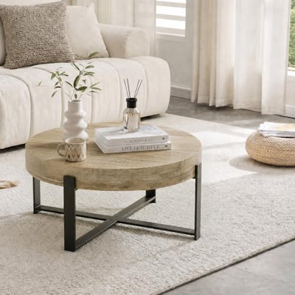Round Coffee Table, Small Wood Coffee Table with Metal Frame, Modern Rustic Distressed Wood Grain Circle Tables Accent Center Tables for Living Room Apartment Small Space (31.5''D-Retro Natural) - color: X Retro Natural