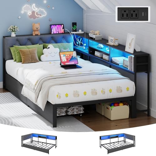 Corner Bed Frame Twin Size with Storage Bookcase and Upholstered Headboard | Metal Platform Bed Frame with 2 Storage Drawers, Built-in LED lights and Charging Station, Metal Slats Support, Dark Gray - color: Dark Gray, size: Twin