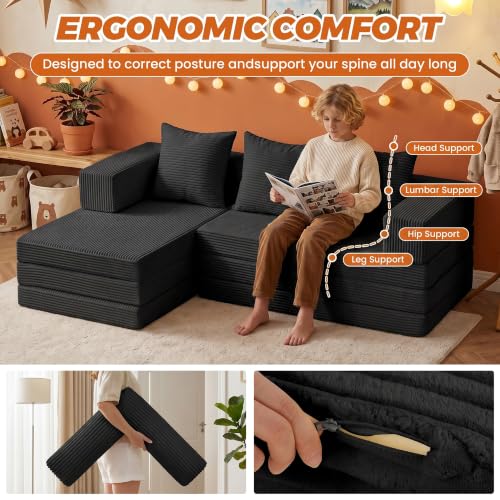 6-in-1 Boneless Couches Modular Sectional Sofa | Cloud Couch Sectional & Tri-Folding Mattress | Corduroy Pet-Friendly Convertible Sofa Bed with 800LB Capacity Living Room, Apartment, Guest Room - color: Black