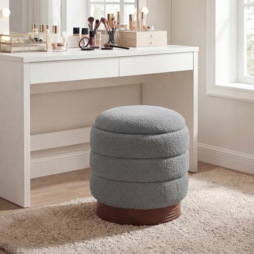 Giantex Round Ottoman with Storage, 360° Swivel Boucle Vanity Stool with Removable Lid, No Assembly Ottoman Foot Rest for Living Room, Bedroom, Makeup Room (Gray & Brown)