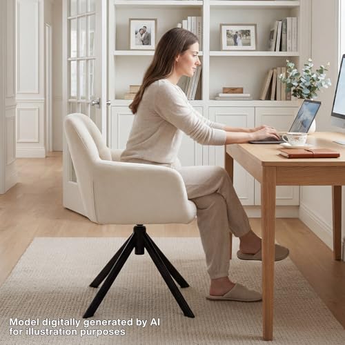 EALSON Comfy Velvet Desk Chair Modern Computer Task Chair no Wheels Swivel Accent Chair with Mid Back Arm Chair for Living Room/Bedroom/Home Office(Beige) - color: White