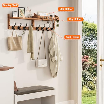 Evermagin 35" Coat Rack Wall Mount with Shelf & 13 Hooks, Entryway, Brown | Wooden Wall Mounted Coat and Key Rack with Hooks, Key Hanger with Mail Holder for Living Room, Mudroom, Bedroom - color: Brown, size: 35 inch