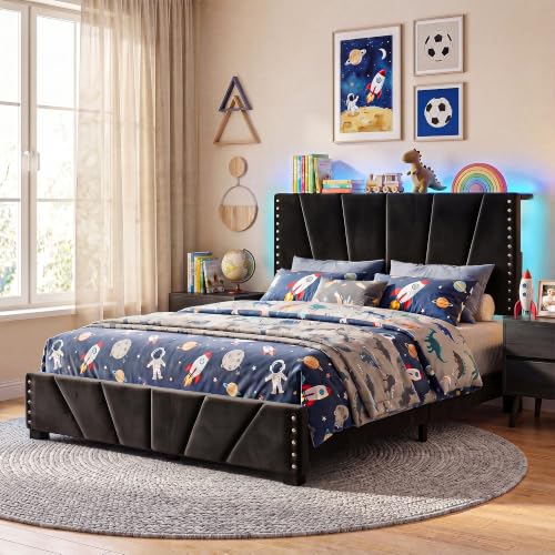 EnHomee Full Bed Frame with Adjustable Headboard,Charger & LED Lights,Black | Adjustable Velvet Headboard，Under-Bed Storage，Heavy Duty Support with 12 Slats，No Box Spring Needed，Easy Assembly for Bedroom - color: Black, size: Full