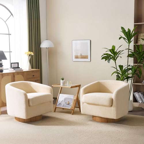 VINGLI 360°Swivel Accent Chairs Set of 2 with Engineered Wood Base and Removable Cushion for Living Room, Bedroom, Curved Back Barrel Chairs for Small Space, Upholstered Bucket Armchairs, Teddy Khaki - color: Teddy-khaki