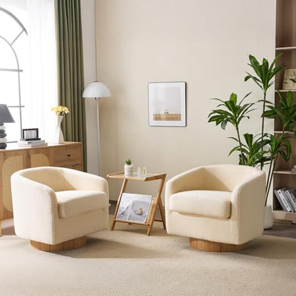 VINGLI 360°Swivel Accent Chairs Set of 2 with Engineered Wood Base and Removable Cushion for Living Room, Bedroom, Curved Back Barrel Chairs for Small Space, Upholstered Bucket Armchairs, Teddy Khaki - color: Teddy-khaki