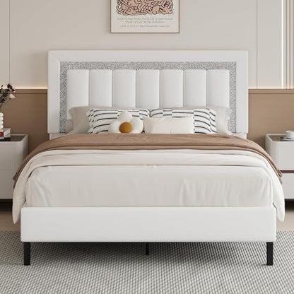 HOMBCK Full Bed Frame with Faux Leather Upholstered Headboard | Bed Frame Full Size with Diamond Vertical Design, No Box Spring Needed, Under Bed Storage, Easy Assembly, White - color: White, size: Full
