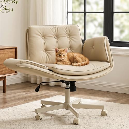 amseatec Criss Cross Office Chair, Swivel Makeup Vanity Chair with Wheels | Wide PU seat supports cross-legged, fidget-friendly sitting; 5-level armrests create pet space; wipe-clean finish eases care - color: Cream Beige