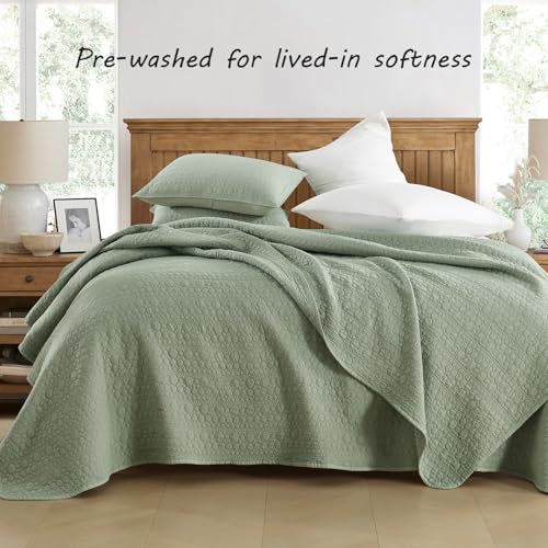 HORIMOTE HOME Quilt Set Queen Size Sage Green, Classic Geometric Spots Stitched Pattern, Pre-Washed Microfiber Chic Rustic Look, Ultra Soft Lightweight Quilted Bedspread for All Season, 3 Pieces - color: Sage Green, size: Full/Queen