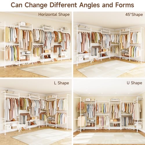 H6 Wall Mounted Closet System, Industrial Pipe Clothes Rack Clothing Racks with 6 Telescopic Rods & 3 Fixing Rods & 9 Shelves, Heavy Duty Closet Organizers and Storage in Wardrobe Closet (White) | Metal Clothing Rack with 6 Telescopic Rods & 3 Fixing Rods