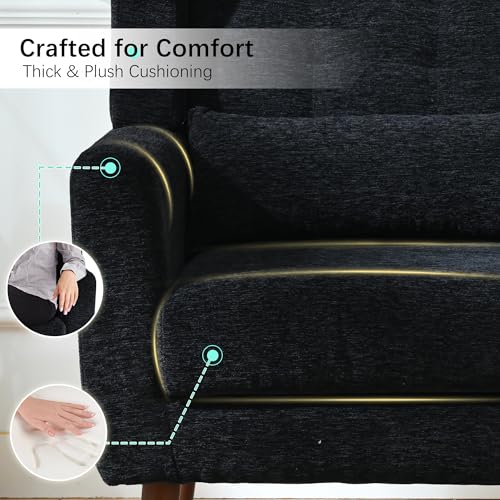 Accent Chair, Living Room Chairs with Solid Wood Legs & Pillow | Chairs Living Room with High Tufted Backrest, Reading Chair for Bedroom/Office, Chenille Fabric - color: Black