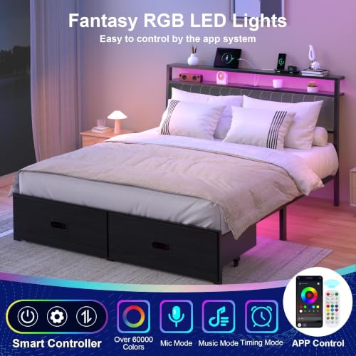 Full Bed Frame with 2 Drawers, Platform Bed Frame with LED Lights and Charging Station, Upholstered Headboard, Heavy Duty Metal Slats, No Box Spring Needed, Noise Free, Easy Assembly - size: Full, style: Fashion