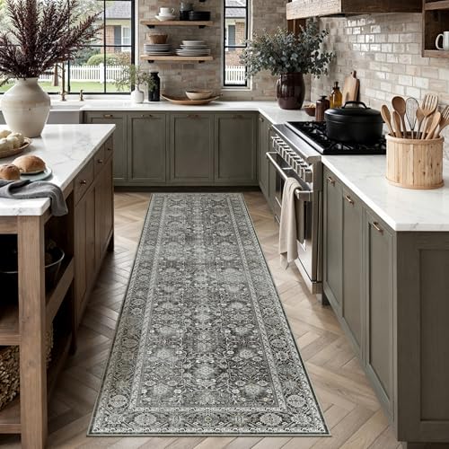 Black Runner Rug 2.6x8 Vintage Traditional Distressed | Washable, Non Slip, Soft Low Pile, Hallway Carpet for Kitchen, Entryway, Laundry Room, Farmhouse Decor - color: Accent Black, size: 2'6" x 8' (Runner)
