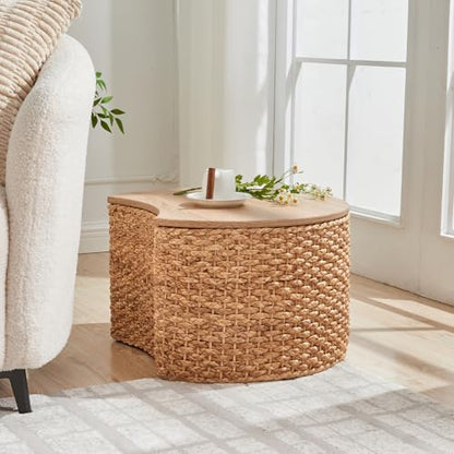 Round Nesting Coffee Table Set of 2 with Storage - Handwoven Wicker Rattan Ottoman Style, Boho Coastal Coffee Tables for Living Room, Rattan Coffee Table with Cover & Soild Wood Frame - color: Natural (Under Warm Light)