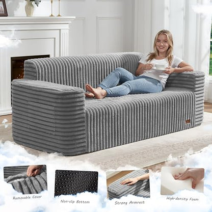 ZurNesfure Sofa Couch 3-Seater Boneless Sofa with Pillow Grey,3-Seater | No Assembly Need, Modern Couch with deep seat and Washable Cover Cloud Sofa for Living Room Bedroom Apartment - color: Stripe Grey, size: 3-seater