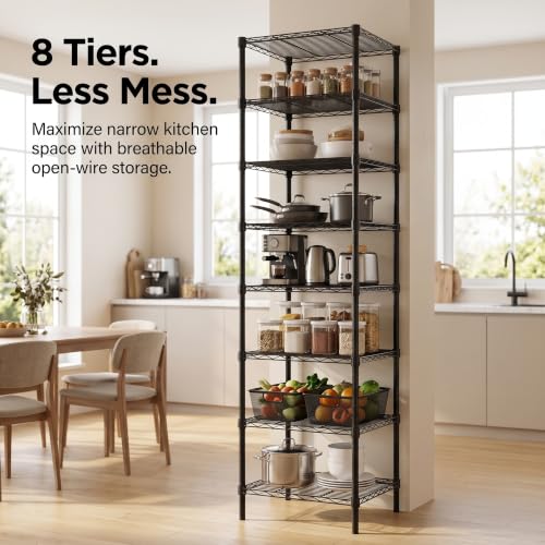 Finnhomy Heavy Duty 8 Tier Wire Shelving, 18x18x78.8 inches 8 Shelves Storage Rack with Thicken Steel Tube, Pantry Shelves for Storage, Adjustable Metal Shelving Unit, NSF Certified, Black - size: 78.8"H-Black