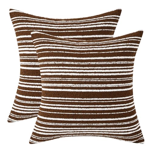 Chenille Striped Throw Pillow Covers 18x18, Set of 2, Coffee Brown | Soft Textured Decorative Cushion Covers for Couch, Sofa and Bed, Warm Coffee Brown Farmhouse, Boho and Rustic Home Decor - color: Coffee Brown