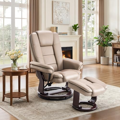 Swivel Recliner Chair with Ottoman Reclining Lounge Sofa Footrest, Set of 1 | 360°Sturdy Wood Base, Soft Faux Leather, Upholstered Ultra-Plush Foam, Modern Armchair, Living Room Bedroom Office Reading - color: Taupe, size: Set of 1