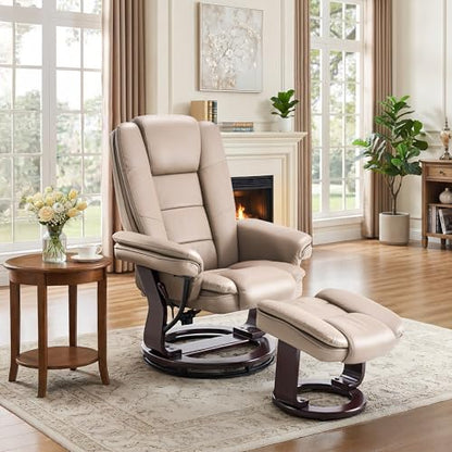 Swivel Recliner Chair with Ottoman Reclining Lounge Sofa Footrest, Set of 1 | 360°Sturdy Wood Base, Soft Faux Leather, Upholstered Ultra-Plush Foam, Modern Armchair, Living Room Bedroom Office Reading - color: Taupe, size: Set of 1
